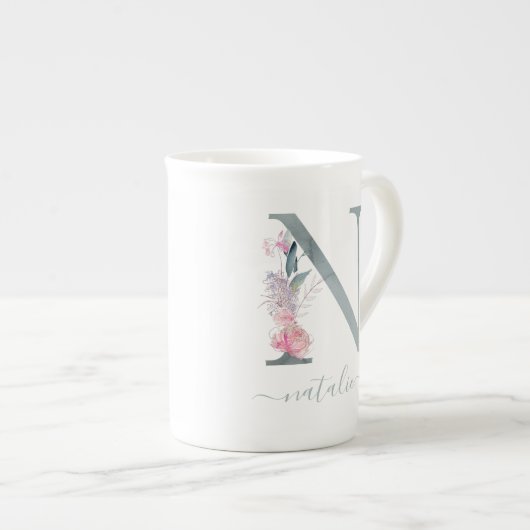 Monogramm Blauer Rosa Farbton Blumenbuchstabe N Porzellantasse (Vorderseite Rechts)