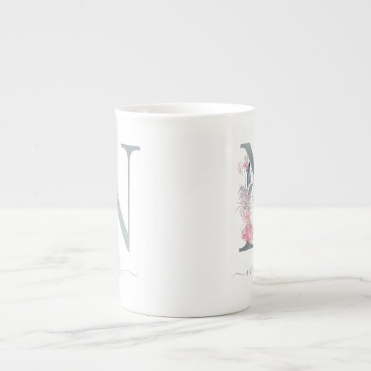 Monogramm Blauer Rosa Farbton Blumenbuchstabe N Porzellantasse (Vorderseite)