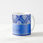Monogramm-blauer und weißer Damast Kaffeetasse (VorderseiteRechts)