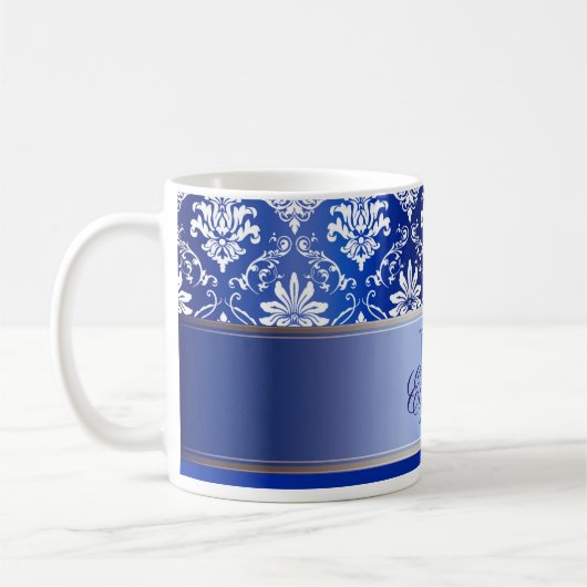 Monogramm-blauer und weißer Damast Kaffeetasse (Links)