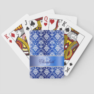 Monogramm-blauer und weißer Damast Spielkarten