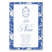 Monogramm Blaues Blumen-Script Neun 8 Namen Tischnummer (Vorderseite)