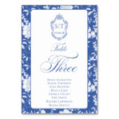 Monogramm Blaues Blumen-Skript Drei 8 Namen Tischnummer (Vorderseite)