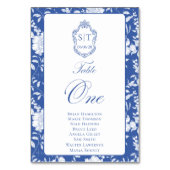 Monogramm Blaues Blumen-Skript Eins 8 Namen Tischnummer (Vorderseite)