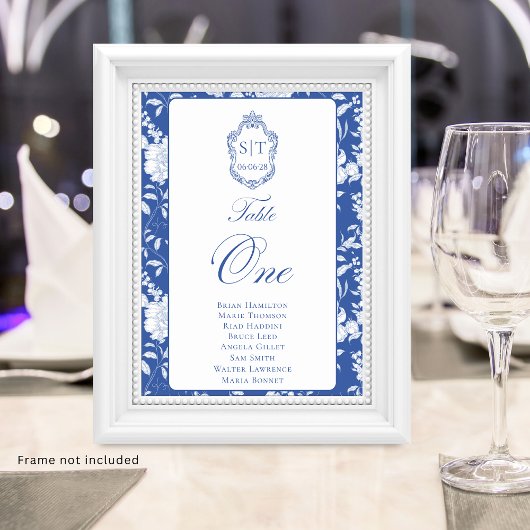 Monogramm Blaues Blumen-Skript Eins 8 Namen Tischnummer