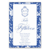 Monogramm Blaues Blumen-Skript Fünfzehn 8 Namen Tischnummer (Vorderseite)