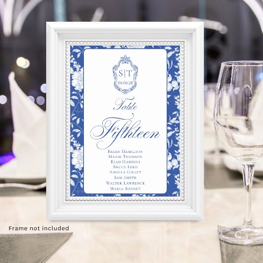 Monogramm Blaues Blumen-Skript Fünfzehn 8 Namen Tischnummer