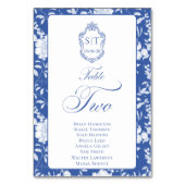 Monogramm Blaues Blumen-Skript Zwei 8 Namen Tischnummer (Vorderseite)