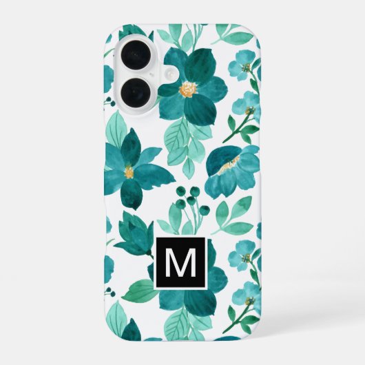 Monogramm blaues Blumenmuster iPhone-Hülle iPhone 16 Hülle (Rückseite)
