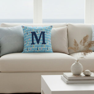 Monogramm Blaues Meeressegelboot und Anker Kissen