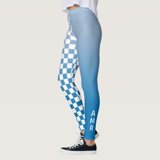 Monogramm blaues strahlendes weißes Prüfmuster Leggings (Links)