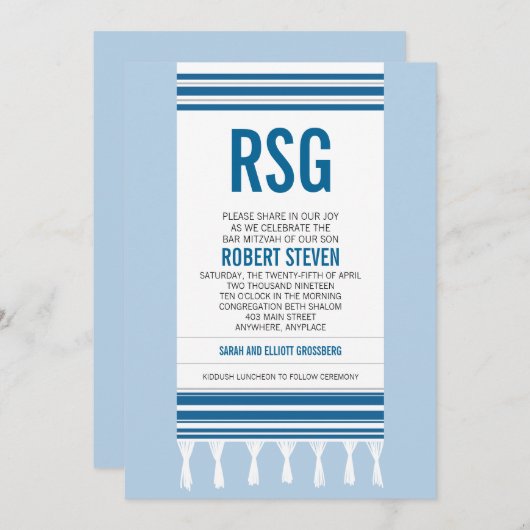 Monogramm blaues Tallit Bar Mitzvah Einladung (Vorne/Hinten)