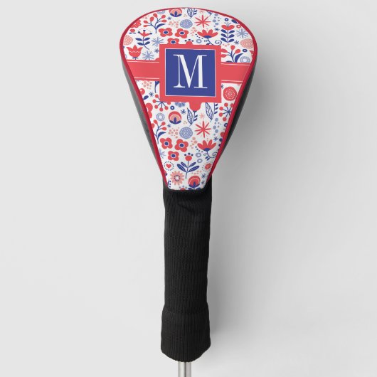 Monogramm | blaues u. korallenrotes Blumenmuster Golf Headcover (Vorderseite)