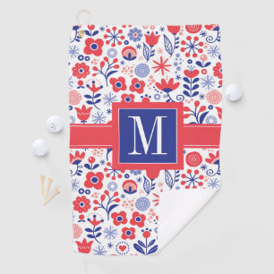 Monogramm   blaues u. korallenrotes Blumenmuster Golfhandtuch