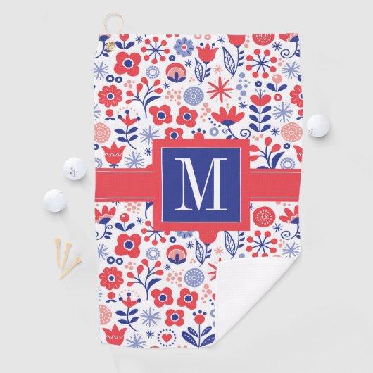 Monogramm | blaues u. korallenrotes Blumenmuster Golfhandtuch (Insitu)