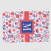 Monogramm | blaues u. korallenrotes Blumenmuster Golfhandtuch (Horizontal)