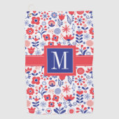 Monogramm | blaues u. korallenrotes Blumenmuster Golfhandtuch (Vorderseite)