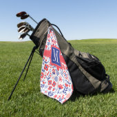 Monogramm | blaues u. korallenrotes Blumenmuster Golfhandtuch (Gras)