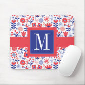 Monogramm | blaues u. korallenrotes Blumenmuster Mousepad (Mit Mouse)