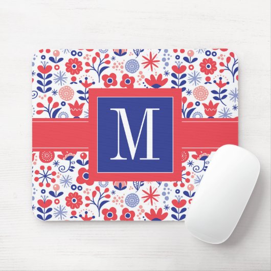Monogramm | blaues u. korallenrotes Blumenmuster Mousepad (Mit Mouse)