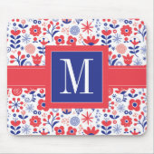 Monogramm | blaues u. korallenrotes Blumenmuster Mousepad (Vorne)