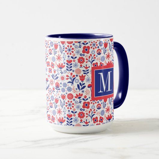 Monogramm | blaues u. korallenrotes Blumenmuster Tasse (VorderseiteRechts)
