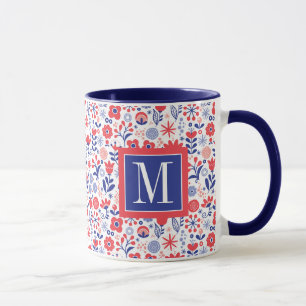 Monogramm blaues u. korallenrotes Blumenmuster Tasse
