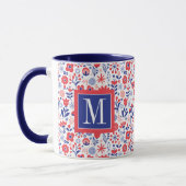 Monogramm | blaues u. korallenrotes Blumenmuster Tasse (Links)