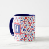 Monogramm | blaues u. korallenrotes Blumenmuster Tasse (Vorderseite Links)