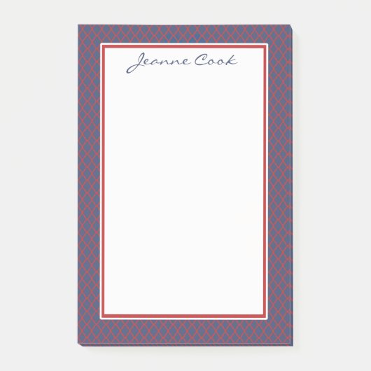 Monogramm-blaues u. rotes Quatrefoil Gitter-Muster Post-it Klebezettel (Vorderseite)