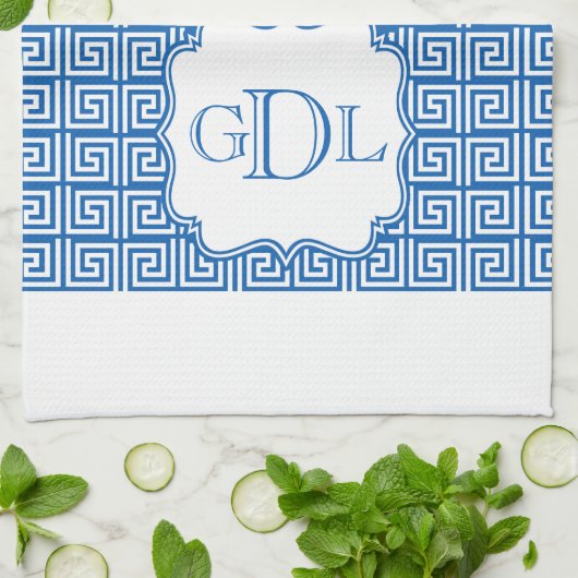 Monogramm-blaues u. weißes griechisches geschirrtuch (Gefaltet)