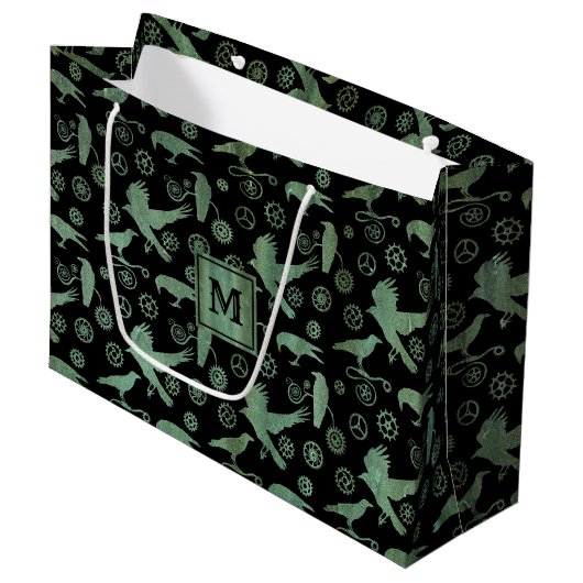 Monogramm-Block für Steampunk-Verdigris-Gänge Große Geschenktüte (Vorderseite Schrägansicht)