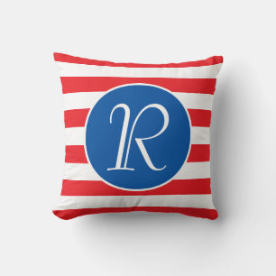 Monogramm Blue Circle   Roter und weißer Streifen Kissen