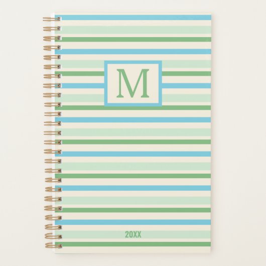 Monogramm Blue Green und Creme Streifen Planer (Vorderseite)