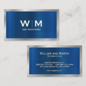 Monogramm | Blue Silver Metallic Brushed Visitenkarte (Vorne/Hinten)