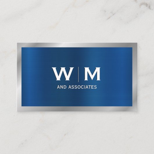 Monogramm | Blue Silver Metallic Brushed Visitenkarte (Vorderseite)