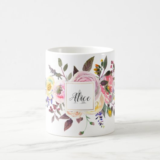 Monogramm Blume für Wasserfarben Pastell Rose Kaffeetasse (Mittel)