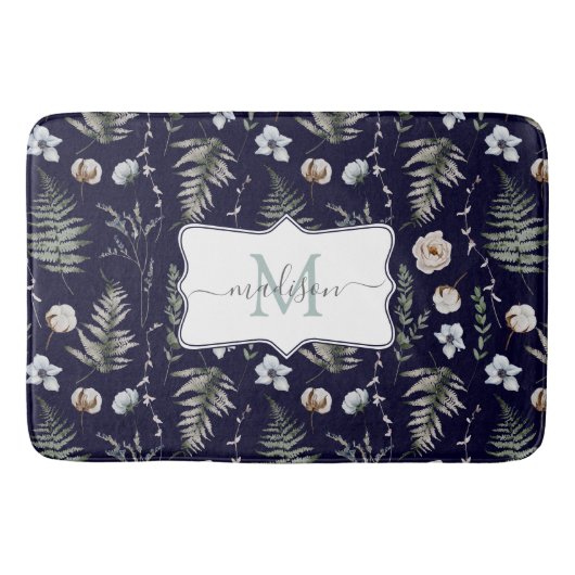 Monogramm Blume und Fern Blätter florale botanisch Badematte (Vorderseite)