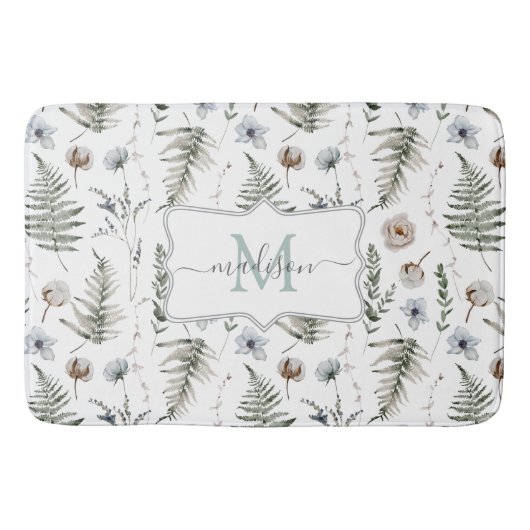 Monogramm Blume und Fern Blätter florale botanisch Badematte (Vorderseite)