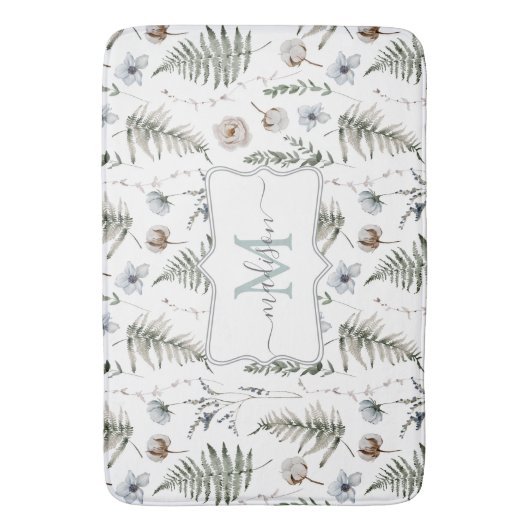 Monogramm Blume und Fern Blätter florale botanisch Badematte (Vorderseite Vertikal)
