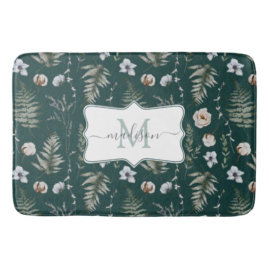 Monogramm Blume und Fern Blätter florale botanisch Badematte (Vorderseite)