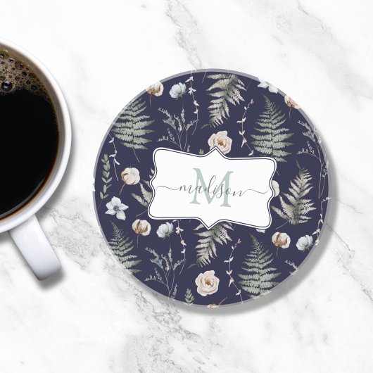 Monogramm Blume und Fern Blätter florale botanisch Getränkeuntersetzer
