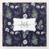 Monogramm Blume und Fern Blätter florale botanisch Glasuntersetzer (Vorderseite)