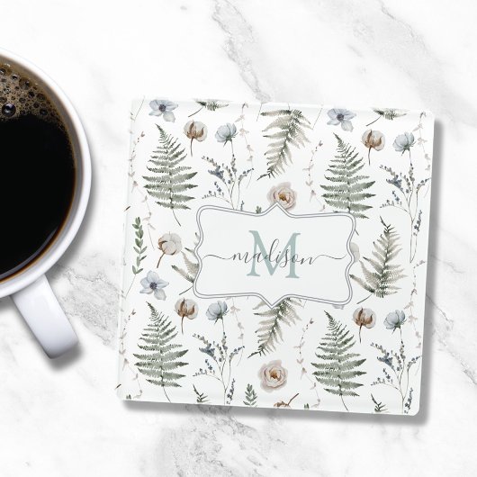 Monogramm Blume und Fern Blätter florale botanisch Glasuntersetzer