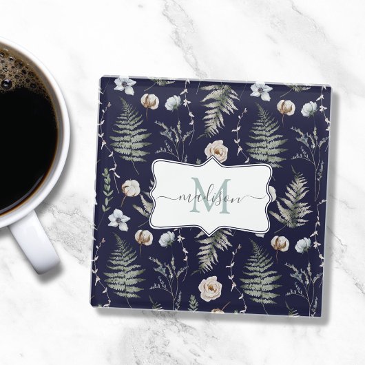 Monogramm Blume und Fern Blätter florale botanisch Glasuntersetzer