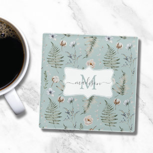 Monogramm Blume und Fern Blätter florale botanisch Glasuntersetzer