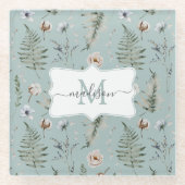 Monogramm Blume und Fern Blätter florale botanisch Glasuntersetzer (Vorderseite)