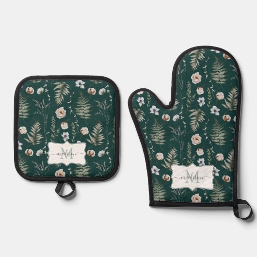 Monogramm Blume und Fern Blätter florale botanisch Ofenhandschuh & Topflappen-Set (Vorderseite)