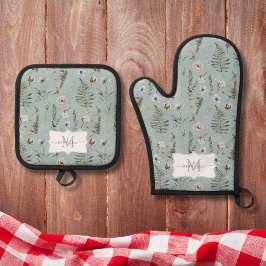 Monogramm Blume und Fern Blätter florale botanisch Ofenhandschuh & Topflappen-Set