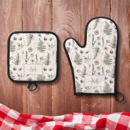 Monogramm Blume und Fern Blätter florale botanisch Ofenhandschuh & Topflappen-Set